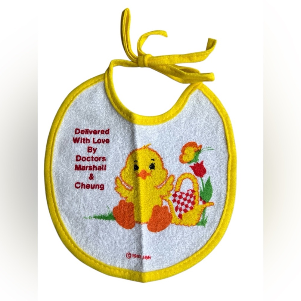Vintage 1983 Baby‎ Duck Bib Butterfly “Delivered With Love By Marshall & Cheung”